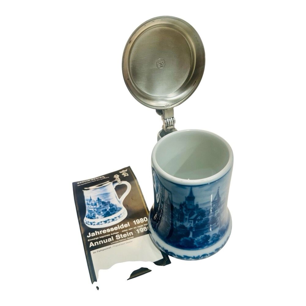 German Beer Stein Berlin Design Hohenzollern Castle Pewter Lid Blue White 1980 - Picture 3 of 8